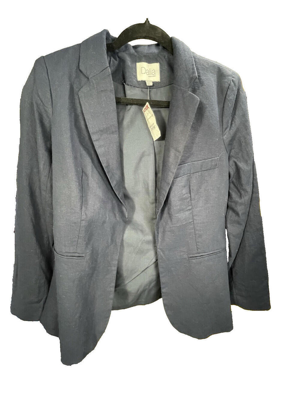 NWT Dalia Women's Blazer S Blue Linen Blend Open Front Single Breasted Office